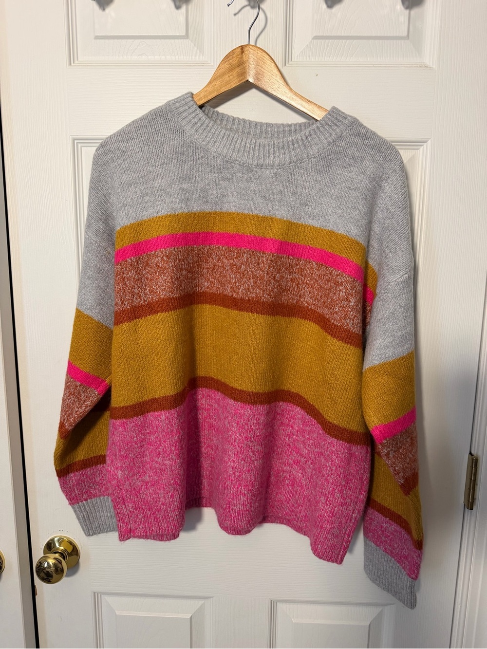 Lou & Grey Gray Sweater with Mustard, Pink & Brown Stripes